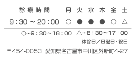 診療時間・住所　〒454-0053  愛知県名古屋市中川区外新町4-27